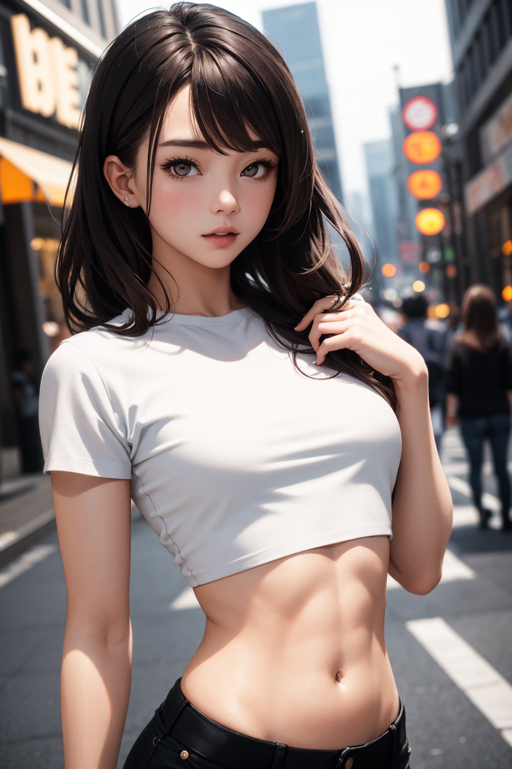 (masterpiece), 1girl, Perfect Figure: 1.4, Slim Abs: 1.1, ((Dark brown hair)), (White crop top: 1.4), (Outdoor, Night: 1.1), City streets, Super fine face, Fine eyes, Double eyelids,