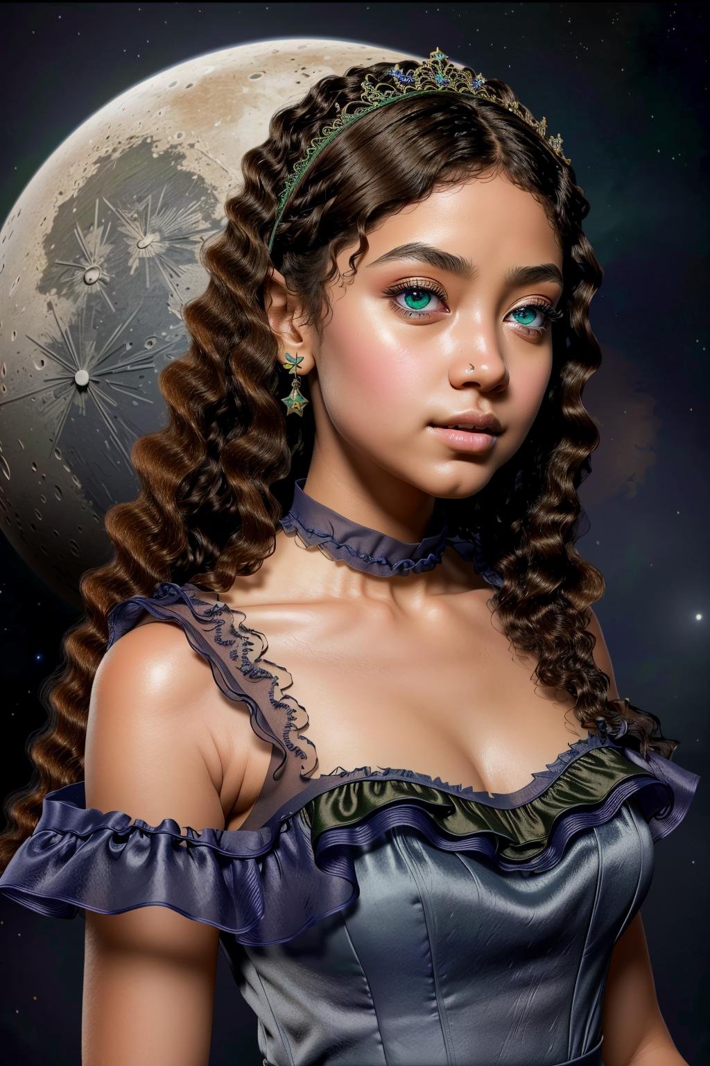 <lora:voldress_v3:1>masterpiece, volumetric lighting, intricate volumetric shadows, render in an awe-inspiring 8K photorealistic resolution, highest level of clarity and detail, highly detailed artistic qualitybrown girl in Dark Blue voldress, (cropped pixie), green eyes, (Extreme close-up)(lunar base background)