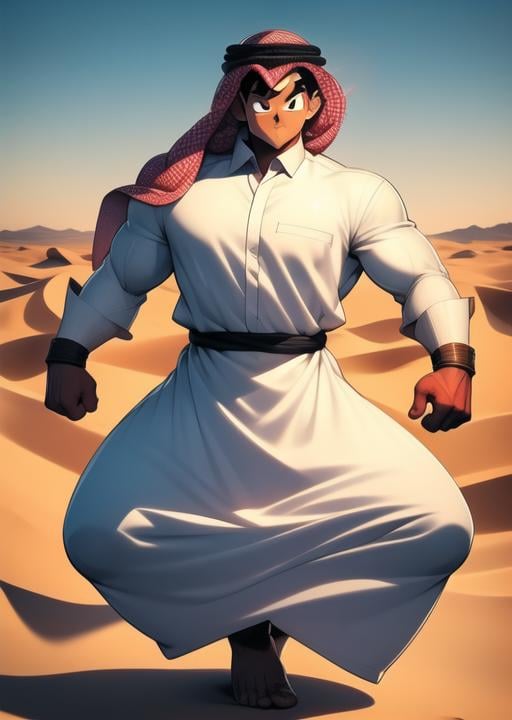 <lora:thob-08:1> thob, goku, desert background, full body, collared, long sleeves, masterpiece, best quality