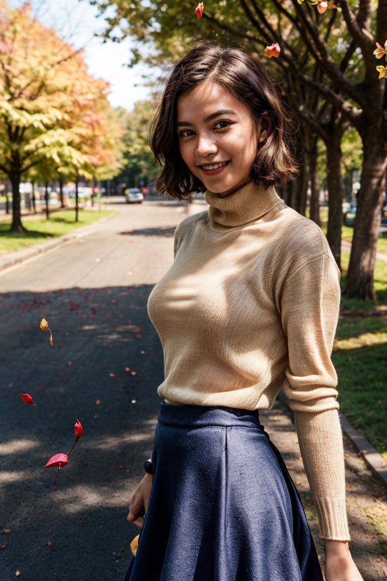 1girl, photo of a 17 years old, (turtleneck sweater, long skirt), (short-hair:1.2), (medium breasts:1.1), happy expression, (dynamic pose:1.3), (perfect anatomy, flawless face, perfect eyes, expresive eyes), (8K, ultra-detailed, masterpiece, best quality, detailed, highly detailed, sharp focus, detailed face, face focus focus, realisitic,Photorealsitic, Highest Detail Face) , (medium shot:1.3), (wide angle), (look at viewer:1.3), (natural lighting:1.4), (professional lighting), best shadow, (warm color), (park, mapple tree, mapple petal, midle of street, simple background:1.4), (Safe for work:1.3),sora