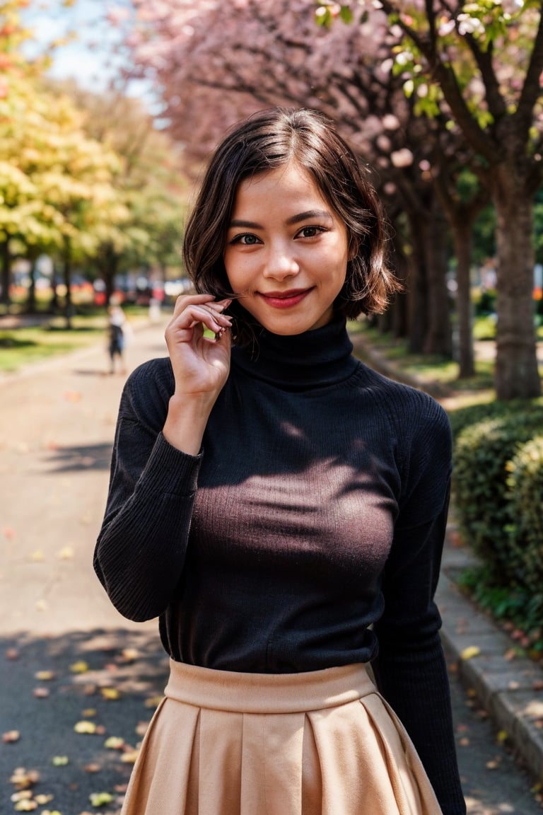 1girl, photo of a 17 years old, (turtleneck sweater, long skirt), (short-hair:1.2), (medium breasts:1.1), happy expression, (dynamic pose:1.3), (perfect anatomy, flawless face, perfect eyes, expresive eyes), (8K, ultra-detailed, masterpiece, best quality, detailed, highly detailed, sharp focus, detailed face, face focus focus, realisitic,Photorealsitic, Highest Detail Face) , (medium shot:1.3), (wide angle), (look at viewer:1.3), (natural lighting:1.4), (professional lighting), best shadow, (warm color), (park, mapple tree, mapple petal, midle of street, simple background:1.4), (Safe for work:1.3),sora