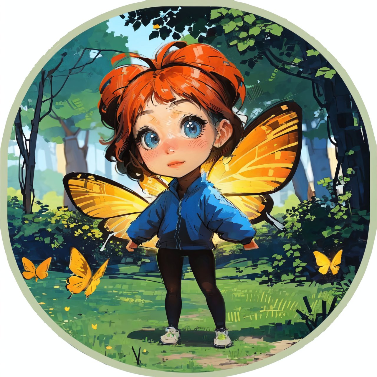 Circle Sora, 1 girl, cute, chibi, look at viewer, nature, full body, best quality, butterflies glowing,  masterpiece, high quality