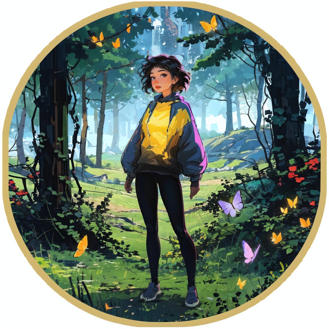 Circle Sora, 1 girl, look at viewer, nature, full body, best quality, butterflies glowing,  masterpiece, high quality