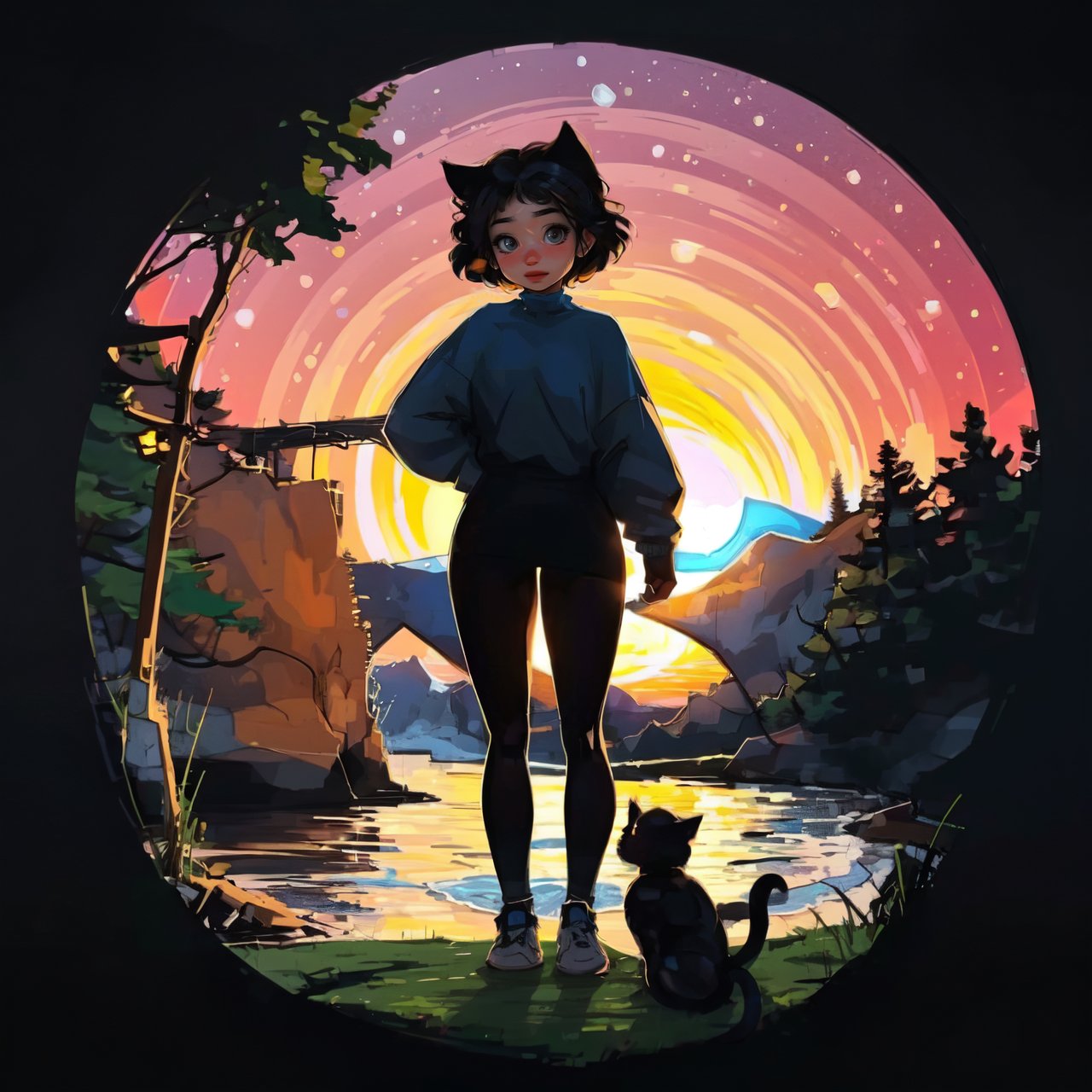 Circle Sora, 1 cat girl, cute, chibi, look at viewer, nature, full body, best quality, sunset,  masterpiece, high quality, 