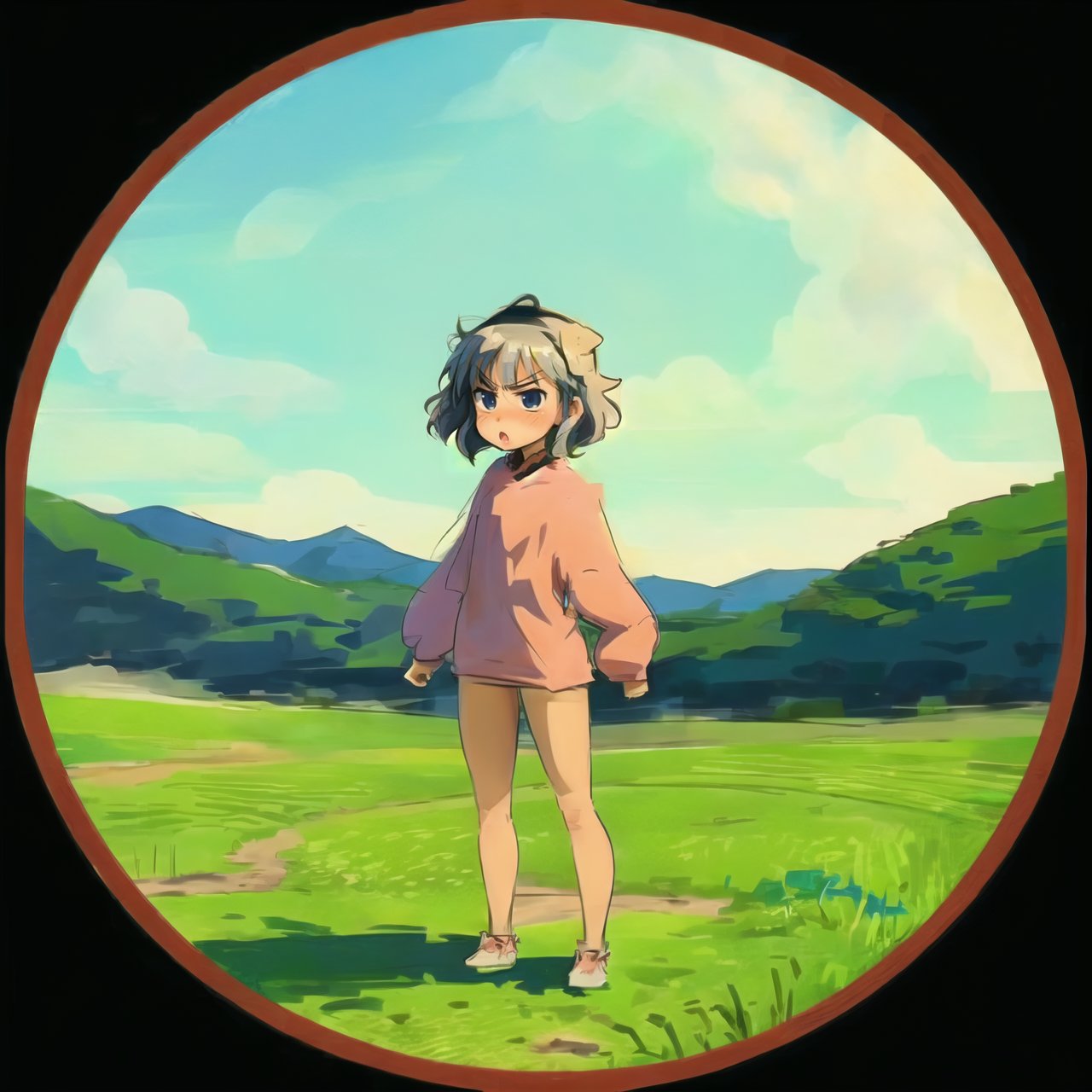 Circle Sora, 1 girl, nature, full body, Wide shot, best quality, anime, Kanna Kamui, angry