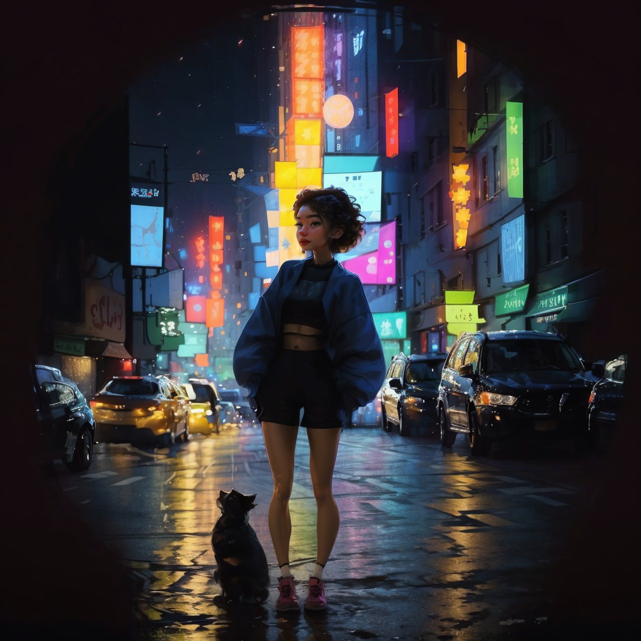 Circle Sora, 1 girl, cute, look at viewer, nature, full body, best quality, masterpiece, high quality, crop top, night city