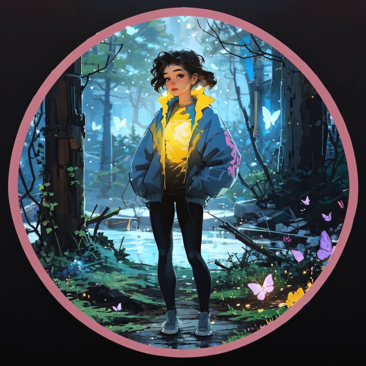 Circle Sora, 1 girl, look at viewer, nature, full body, best quality, butterflies glowing,  masterpiece, high quality