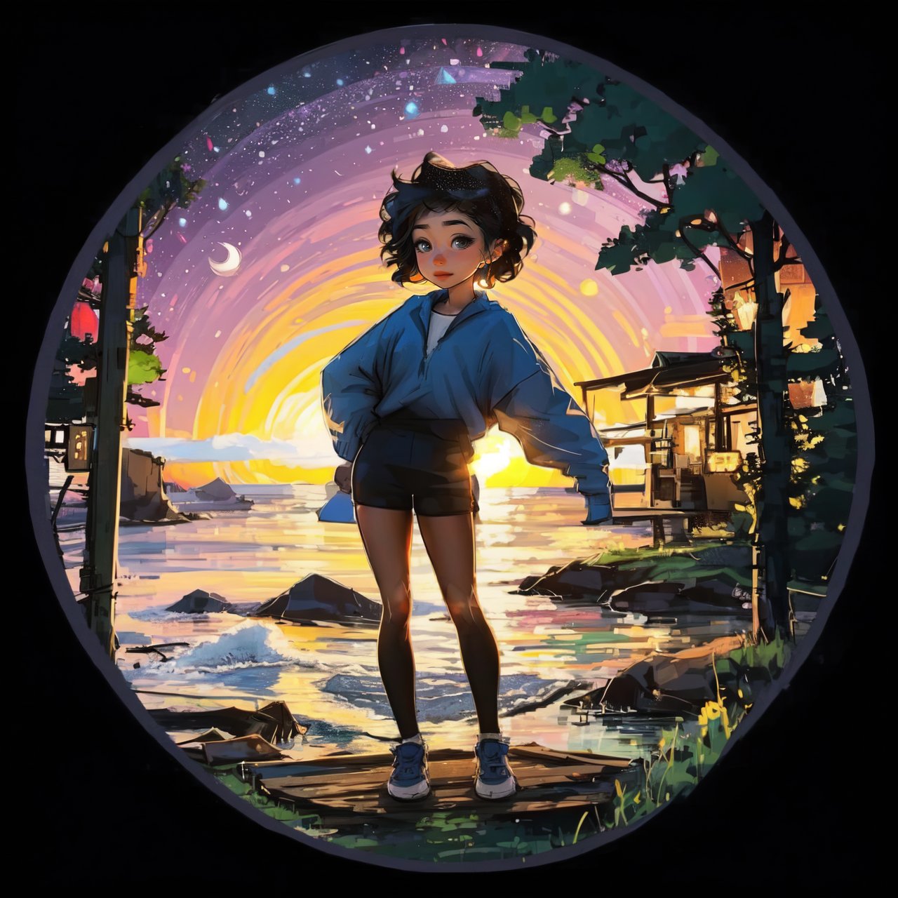 Circle Sora, 1 girl, cute, chibi, look at viewer, nature, full body, best quality, sunset,  masterpiece, high quality