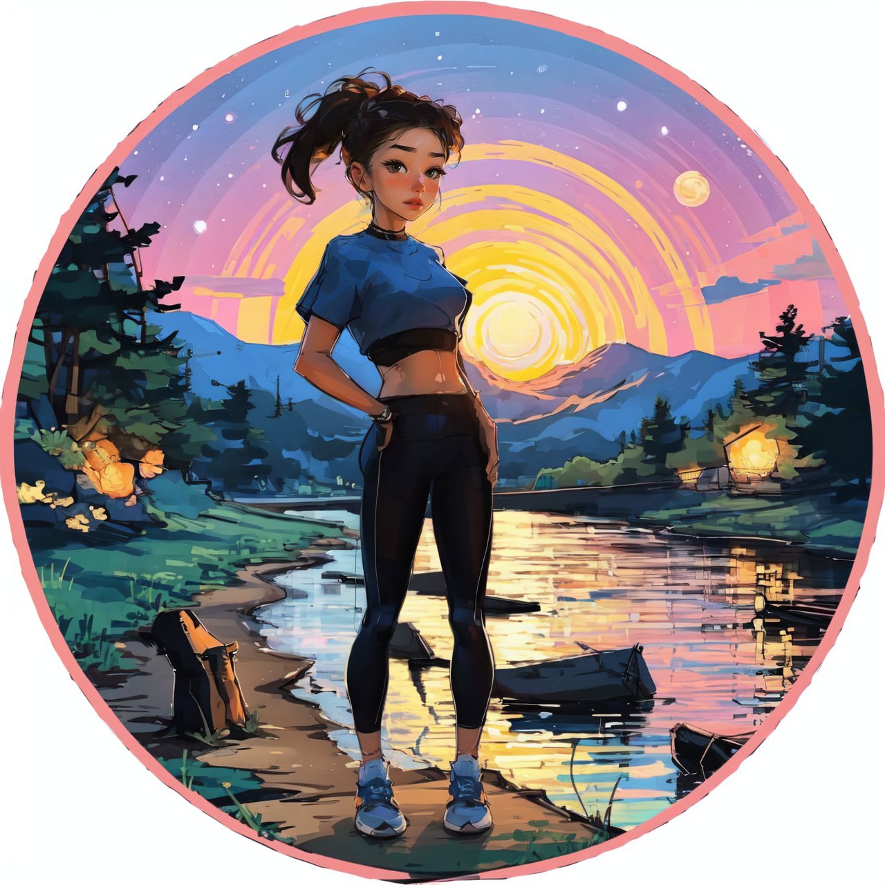 Circle Sora, 1 girl, cute, look at viewer, nature, full body, best quality, sunset,  masterpiece, high quality, crop top