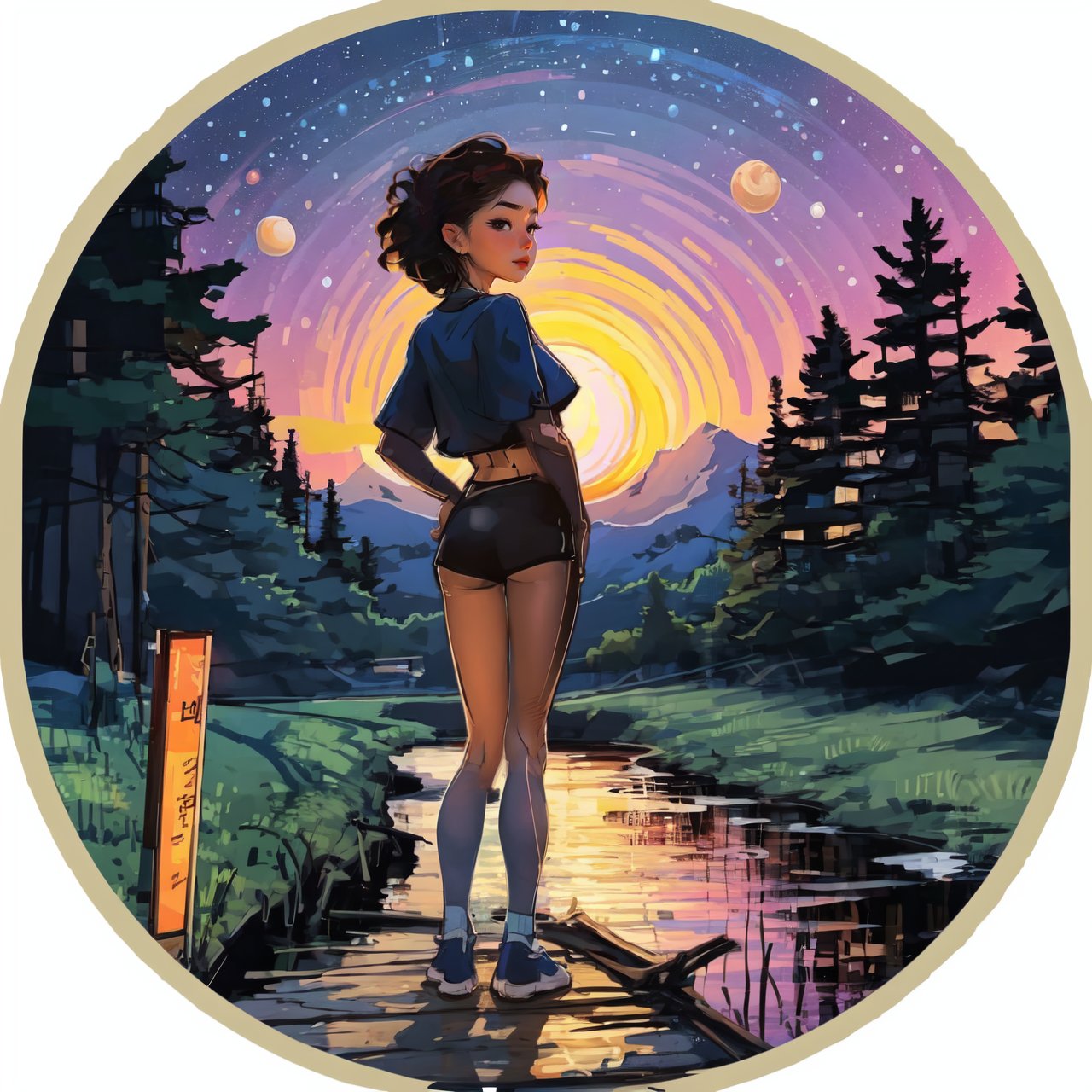 Circle Sora, 1 girl, cute, look at viewer, nature, full body, best quality, sunset,  masterpiece, high quality, crop top