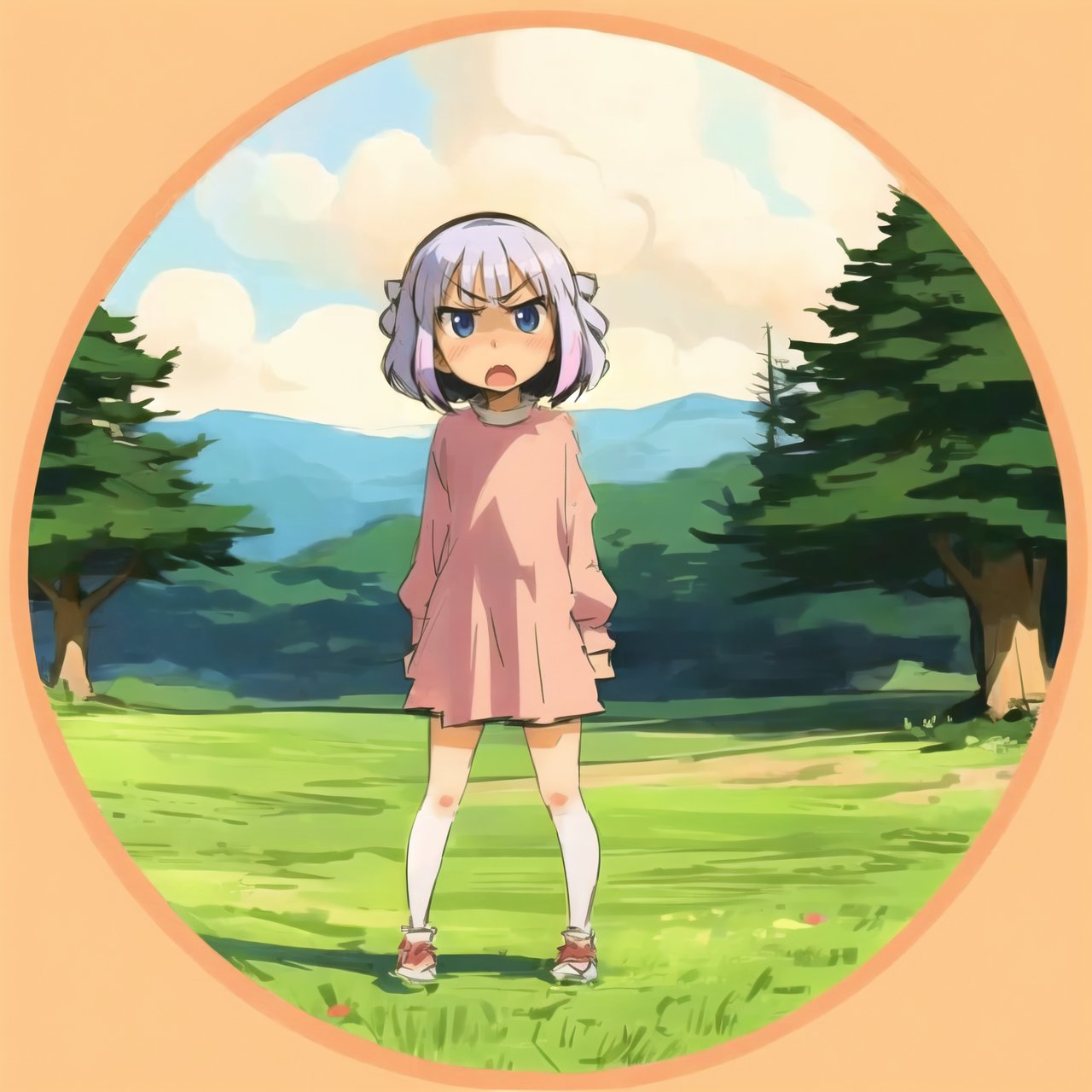 Circle Sora, 1 girl, nature, full body, Wide shot, best quality, anime, Kanna Kamui, angry