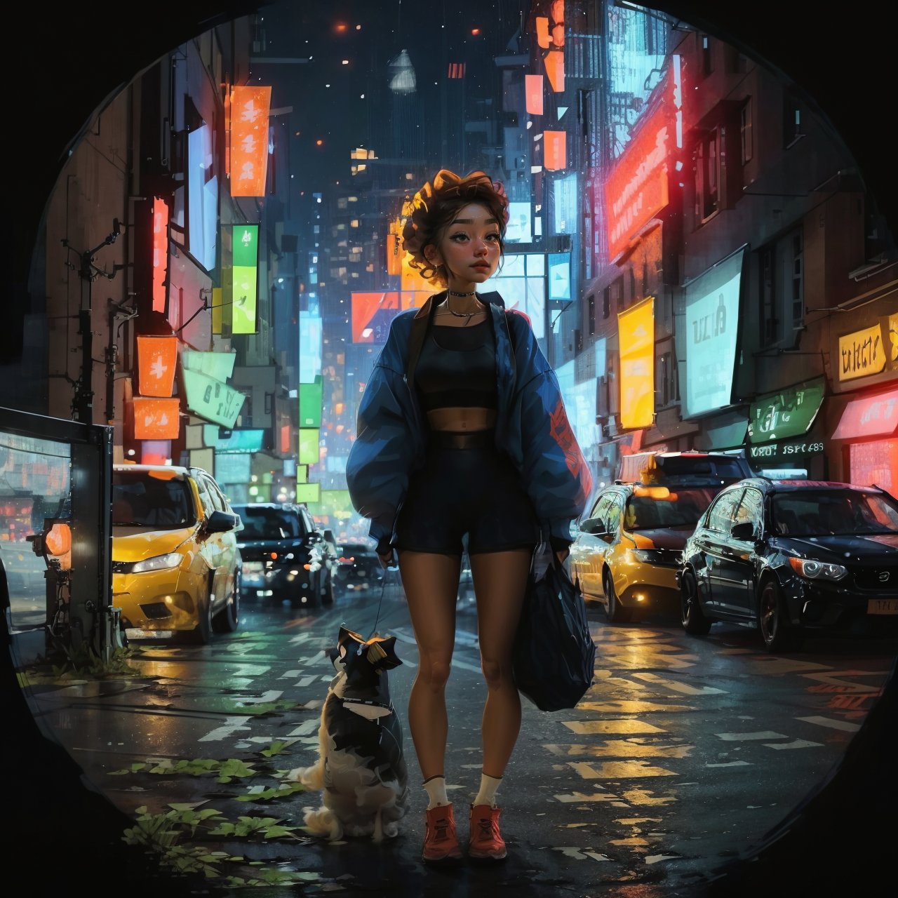 Circle Sora, 1 girl, cute, look at viewer, nature, full body, best quality, masterpiece, high quality, crop top, night city