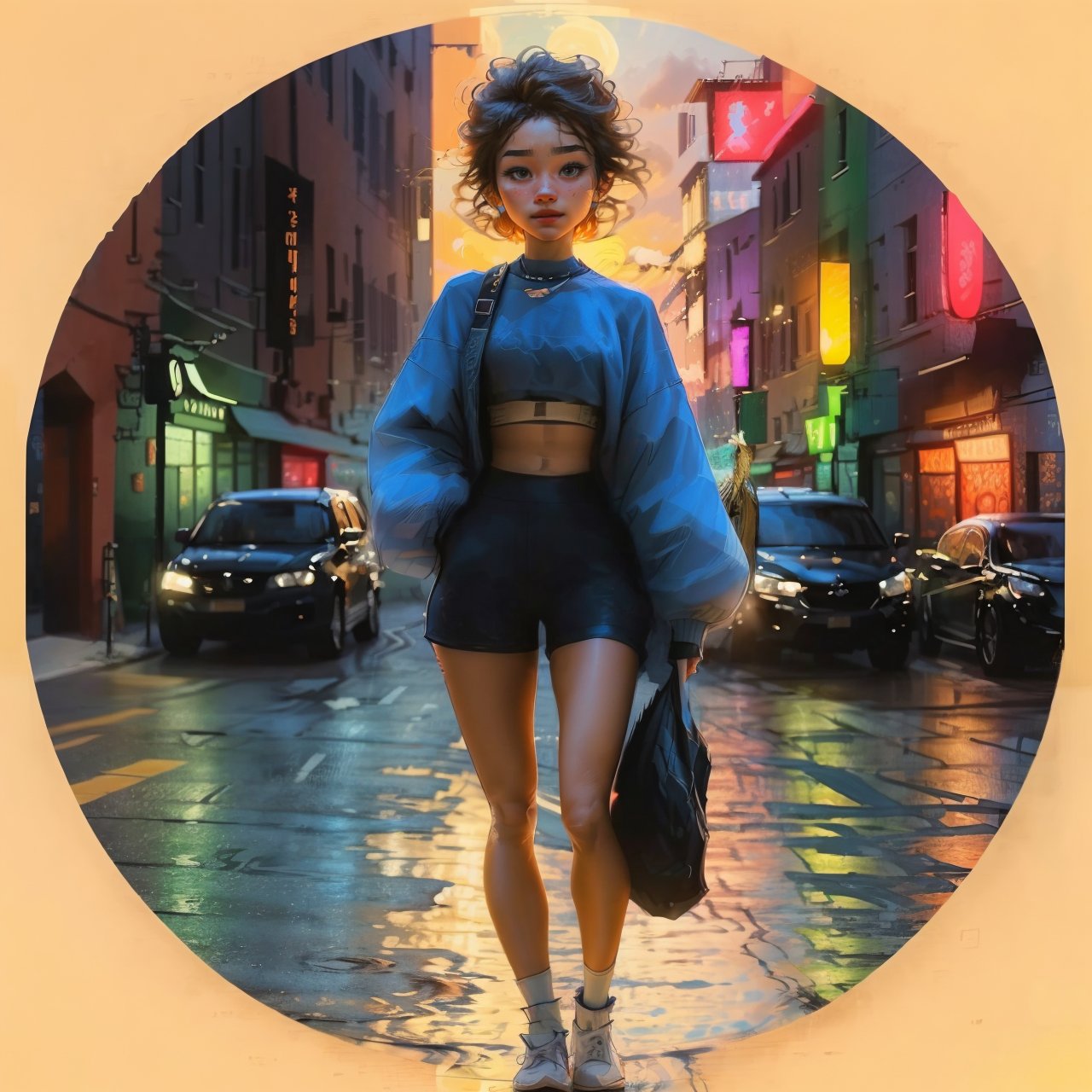 Circle Sora, 1 girl, cute, look at viewer, nature, full body, best quality, sunset,  masterpiece, high quality, crop top