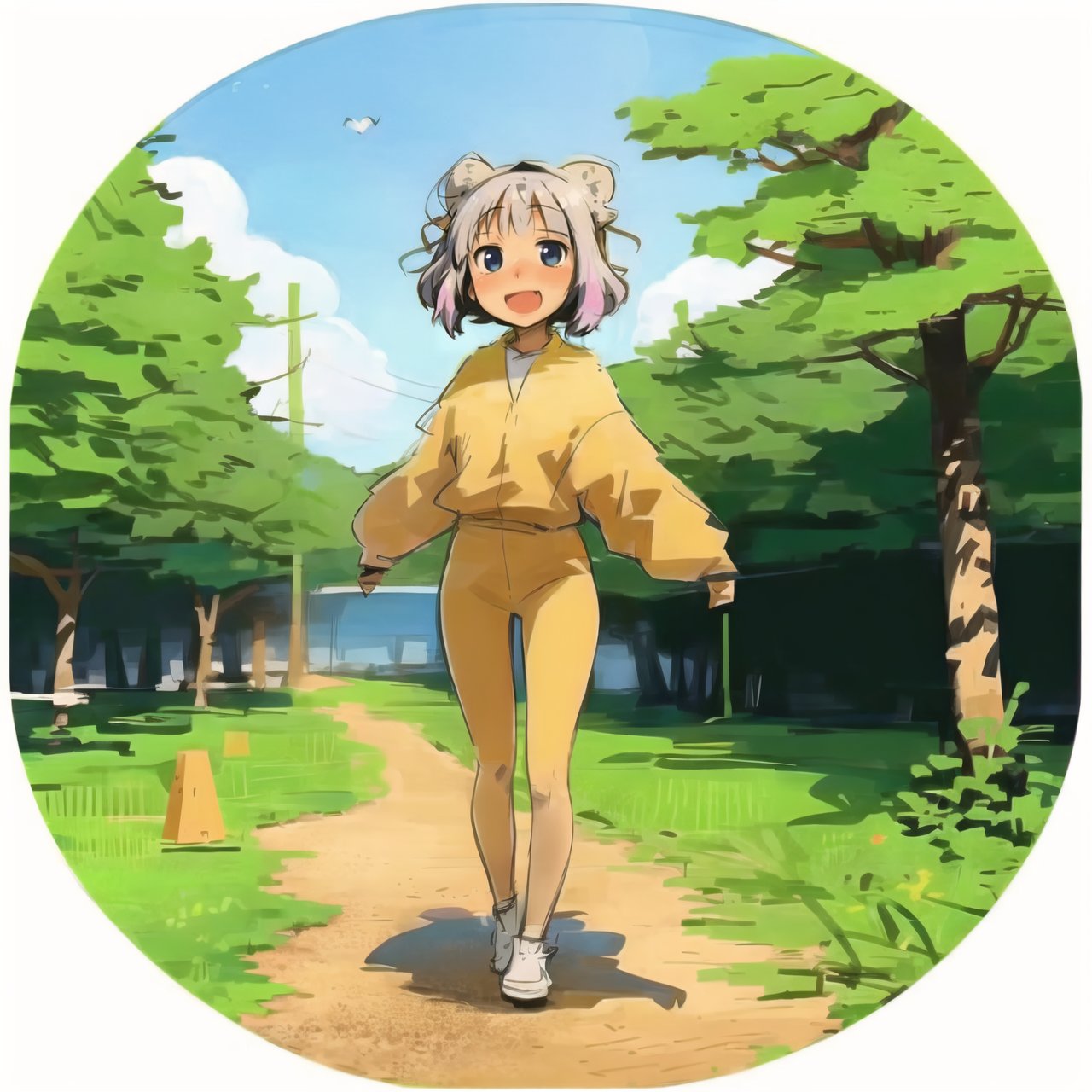 Circle Sora, 1 girl, nature, full body, Wide shot, best quality, anime, Kanna Kamui, happy