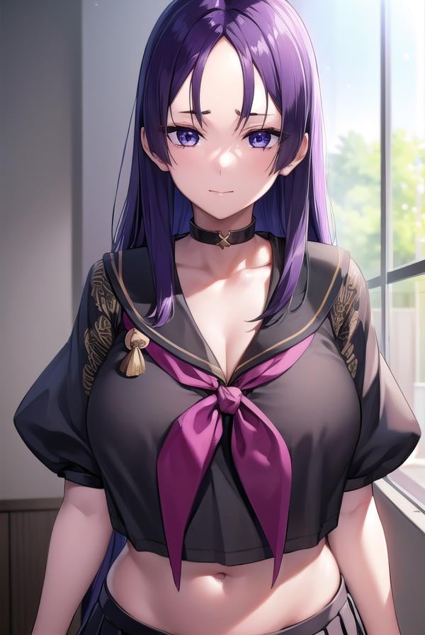 raikou, <lora:raikou-lora-nochekaiser:1>,raikou, (parted bangs:1.5), (purple eyes:1.1), purple hair, long hair, hime cut, (forehead:1.5), (huge breasts:1.2), smile,BREAK black sailor collar, black serafuku, black shirt, collarbone, crop top, crop top overhang, cropped shirt, long skirt, midriff, navel, neckerchief, pleated skirt, red neckerchief, sailor collar, school uniform, serafuku, shirt, skirt,BREAK indoors, classroom,BREAK looking at viewer, (cowboy shot:1.5),BREAK <lyco:GoodHands-beta2:1>, (masterpiece:1.2), best quality, high resolution, unity 8k wallpaper, (illustration:0.8), (beautiful detailed eyes:1.6), extremely detailed face, perfect lighting, extremely detailed CG, (perfect hands, perfect anatomy),