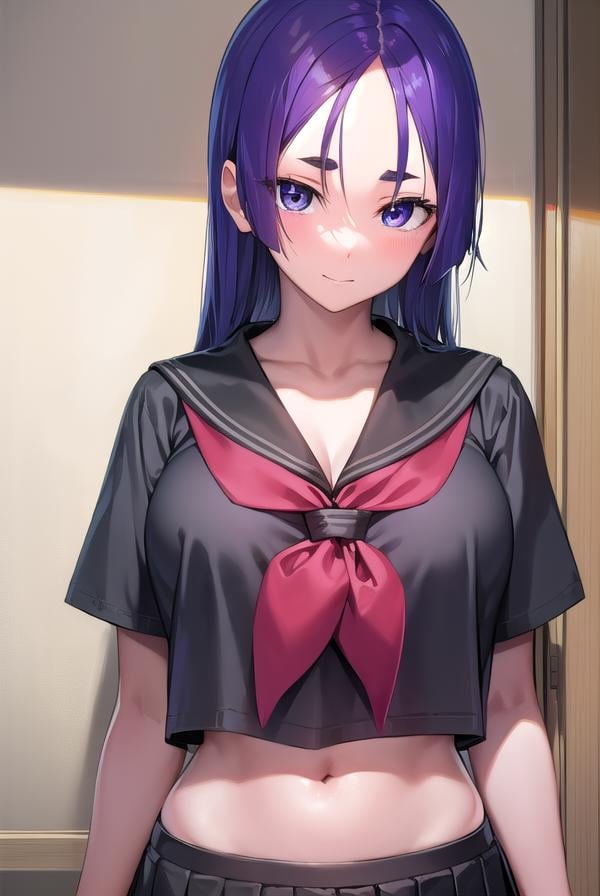 raikou, <lora:raikou-lora-nochekaiser:1>,raikou, (parted bangs:1.5), (purple eyes:1.1), purple hair, long hair, hime cut, (forehead:1.5), (huge breasts:1.2), smile,BREAK black sailor collar, black serafuku, black shirt, collarbone, crop top, crop top overhang, cropped shirt, long skirt, midriff, navel, neckerchief, pleated skirt, red neckerchief, sailor collar, school uniform, serafuku, shirt, skirt,BREAK indoors, classroom,BREAK looking at viewer, (cowboy shot:1.5),BREAK <lyco:GoodHands-beta2:1>, (masterpiece:1.2), best quality, high resolution, unity 8k wallpaper, (illustration:0.8), (beautiful detailed eyes:1.6), extremely detailed face, perfect lighting, extremely detailed CG, (perfect hands, perfect anatomy),