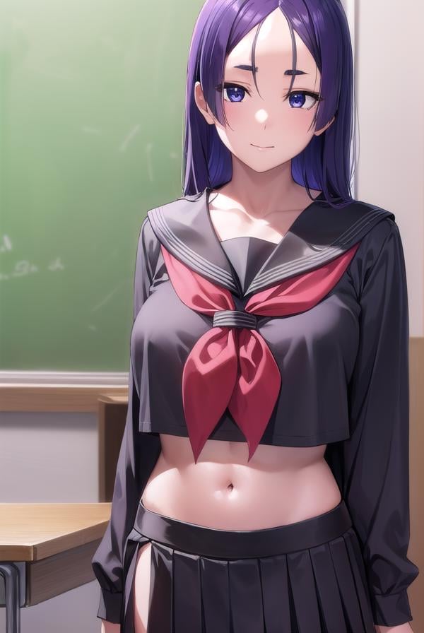 raikou, <lora:raikou-lora-nochekaiser:1>,raikou, (parted bangs:1.5), (purple eyes:1.1), purple hair, long hair, hime cut, (forehead:1.5), (huge breasts:1.2), smile,BREAK black sailor collar, black serafuku, black shirt, collarbone, crop top, crop top overhang, cropped shirt, long skirt, midriff, navel, neckerchief, pleated skirt, red neckerchief, sailor collar, school uniform, serafuku, shirt, skirt,BREAK indoors, classroom,BREAK looking at viewer, (cowboy shot:1.5),BREAK <lyco:GoodHands-beta2:1>, (masterpiece:1.2), best quality, high resolution, unity 8k wallpaper, (illustration:0.8), (beautiful detailed eyes:1.6), extremely detailed face, perfect lighting, extremely detailed CG, (perfect hands, perfect anatomy),