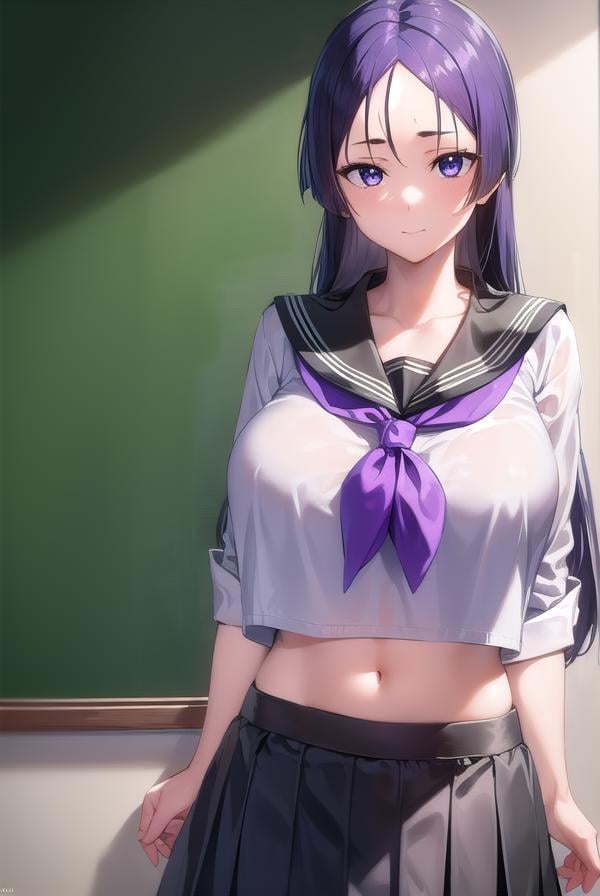 raikou, <lora:raikou-lora-nochekaiser:1>,raikou, (parted bangs:1.5), (purple eyes:1.1), purple hair, long hair, hime cut, (forehead:1.5), (huge breasts:1.2), smile,BREAK black sailor collar, black serafuku, black shirt, collarbone, crop top, crop top overhang, cropped shirt, long skirt, midriff, navel, neckerchief, pleated skirt, red neckerchief, sailor collar, school uniform, serafuku, shirt, skirt,BREAK indoors, classroom,BREAK looking at viewer, (cowboy shot:1.5),BREAK <lyco:GoodHands-beta2:1>, (masterpiece:1.2), best quality, high resolution, unity 8k wallpaper, (illustration:0.8), (beautiful detailed eyes:1.6), extremely detailed face, perfect lighting, extremely detailed CG, (perfect hands, perfect anatomy),