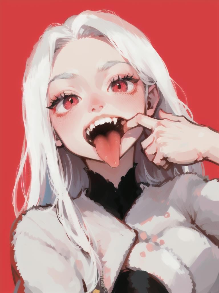 1girl, mouth pull, cute, looking at viewer, best quality, open mouth, red background, large breasts, rocoa, white hair, long_hair, fangs, tongue out, tongue, teeth, finger in own mouth, <lora:mouth_pull-10:0.35> <lora:mouth_pull_v2:0.85>