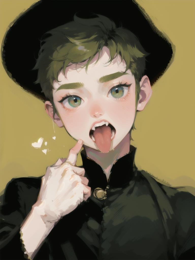 1boy, short hair, (upper body:1.2), detailed eyes, solo, simple background, dark green, (mouth pull:1.2), finger in mouth, open mouth, teeth, finger, mouth_pull, tongue, <lora:mouth_pull_v2:1>