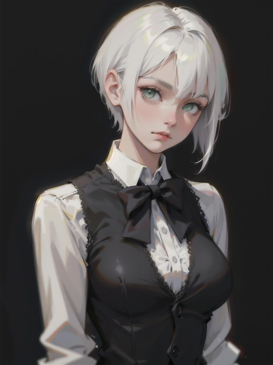 1girl,  green eyes,  eyes , white hair, razor cut hair, short hair, best quality, absurdres, dark theme, (large breasts:1.1), simple background,  vest, white shirt, collared shirt, black vest, formal, bowtie