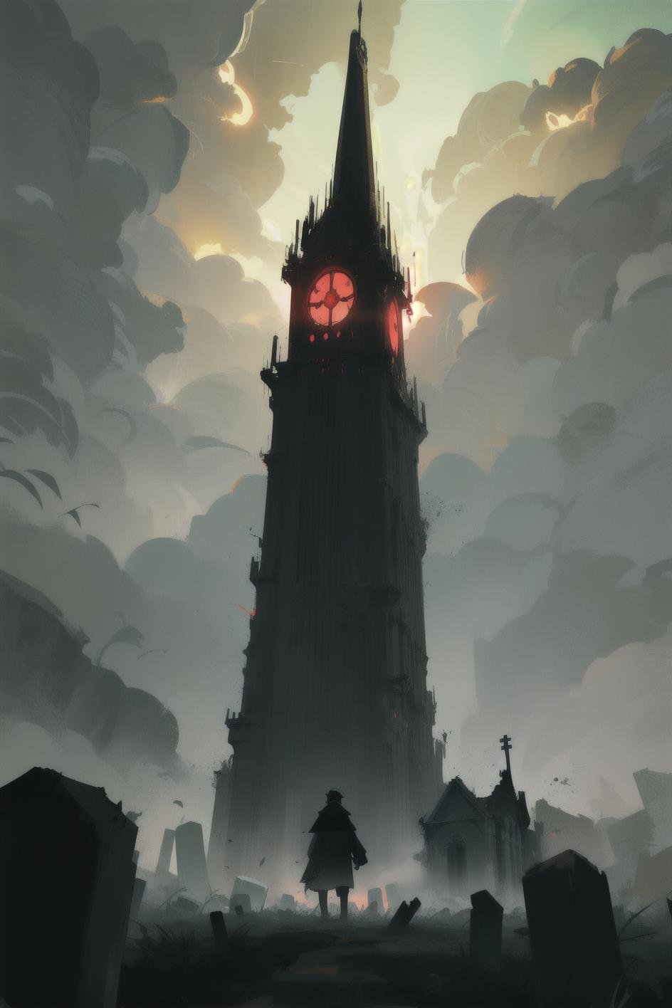 In the heart of a chilling landscape, a black tower emerges atop a desolate mountain, its sinister silhouette dominating the scene. Set to the side of the frame, the tower exudes an aura of malevolence against the backdrop of an eerie, almost monochromatic green hue that permeates the air. The very atmosphere seems to pulse with an unsettling glow, casting a haunting pallor over the surroundings.The tower stands as a monument to darkness, its jagged spires reaching upward like skeletal fingers clawing at the sky. The architecture exudes an aura of decay and abandonment, hinting at ancient secrets hidden within its obsidian walls.The foreground is engulfed in an ominous fog, tendrils of ghostly mist winding their way around the base of the tower and through a crumbling cemetery. Tombstones lean at odd angles, their surfaces worn and cracked with age. The inscriptions on the headstones appear weathered and nearly illegible, a haunting reminder of lives long past.A bolt of lightning splits the sky, casting an eerie, transient glow over the scene. The flash of light reveals glimpses of the tower's details and the cemetery's macabre beauty, only to plunge them back into shadow moments later.The composition is epic and foreboding, with the black tower looming as a dark sentinel against the stormy heavens. The hazy green monochrome palette lends a sinister and otherworldly quality, while the intermittent flashes of lightning add an unsettling sense of motion and life to the stillness of the scene.This is a painting that evokes the spirit of Halloween, capturing the essence of a haunting and mysterious night. The chilling ambiance, the ominous tower, and the graveyard shrouded in fog come together to create a visual narrative that invites viewers to explore the eerie depths of this captivating and gloomy world.