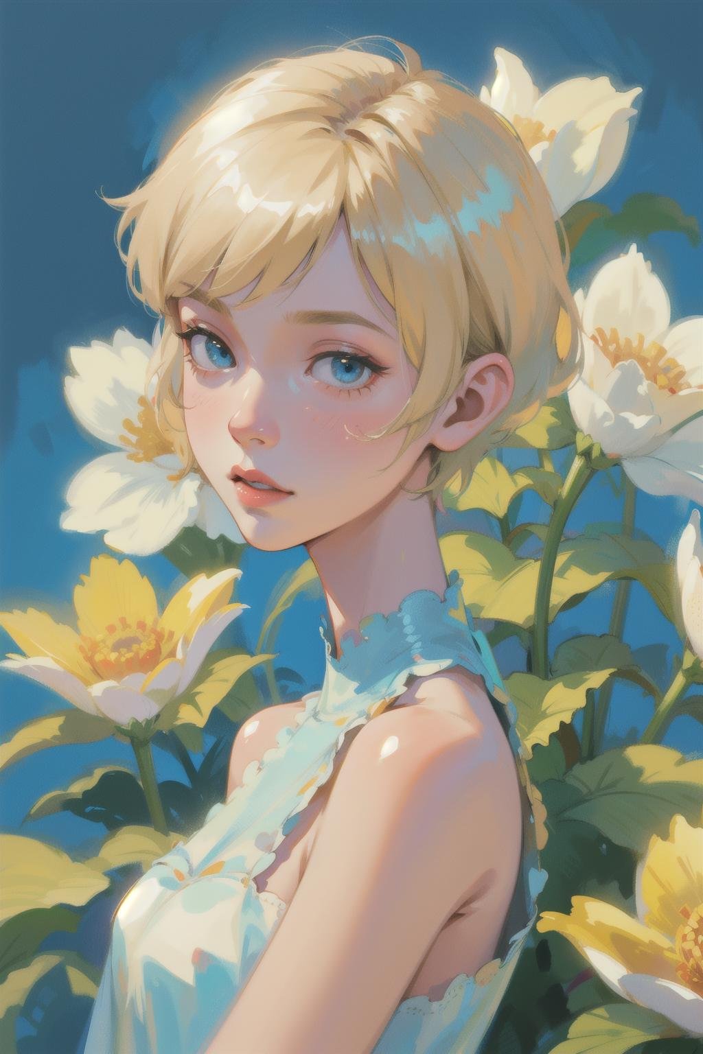 a woman with simple dress, short hair, blonde, global illumination, a photorealistic water painting, in the middle of flowers, long flowers, simple background, subsurface scattering, simple dress, (simple artwork:1.2), simple, (water color:1.2)