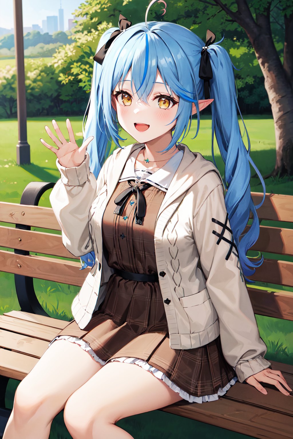 masterpiece, best quality, highres, 1girl, ddlamy, twintails, streaked hair, ahoge, hair ribbon, black ribbon, jewelry, plaid, frills, brown dress, white cardigan, open clothes, long sleeves, sleeves past wrists, <lora:yukihana_lamy_v1:0.8>, sitting, bench, park, outdoors, smile, open mouth, waving,