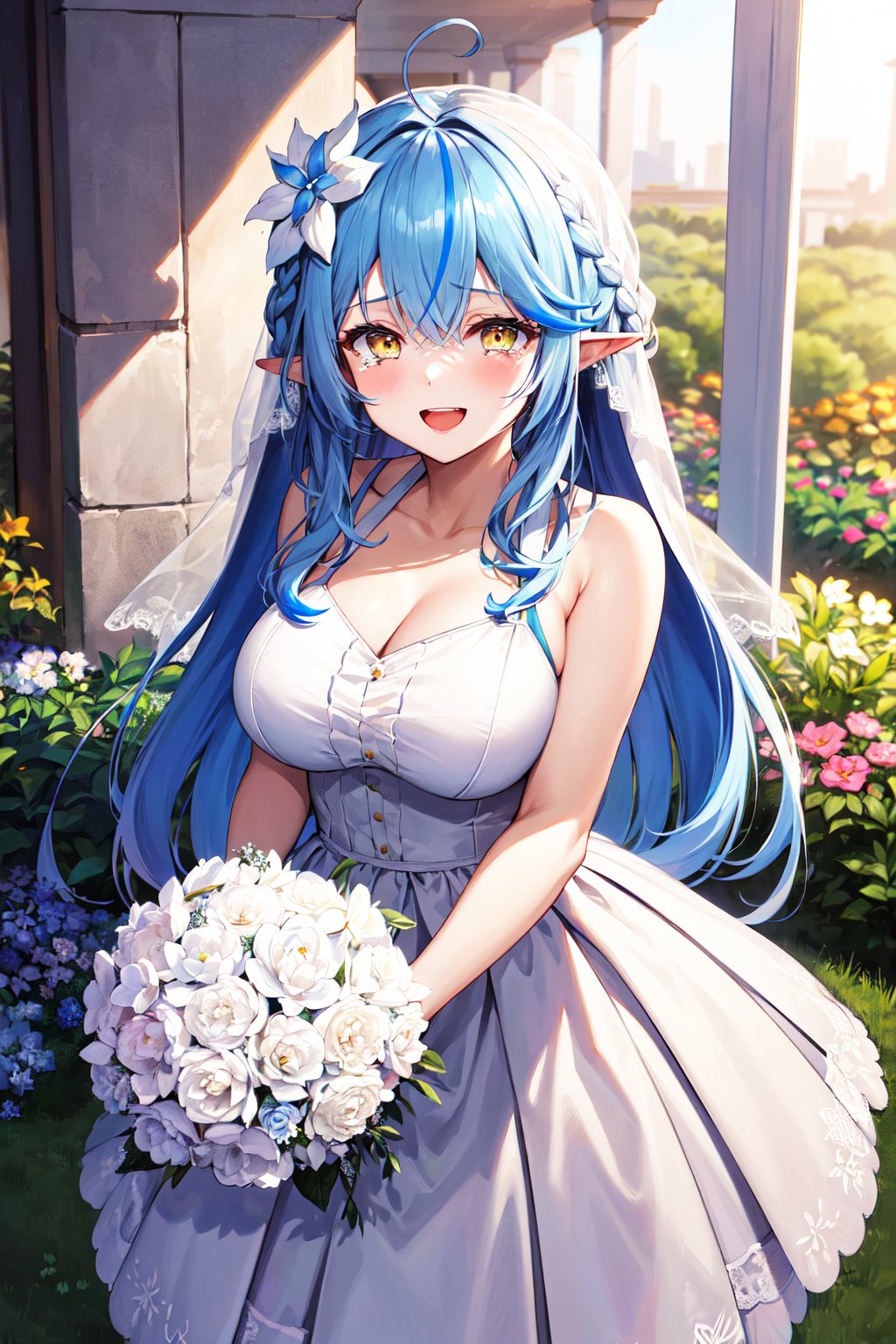 masterpiece, best quality, highres, 1girl, aalamy, long hair, streaked hair, ahoge, braid, hair flower, <lora:yukihana_lamy_v1:0.8>, wedding dress, white dress, bridal veil, (bouquet:1.2), holding bouquet, smile, tears, open mouth, garden,