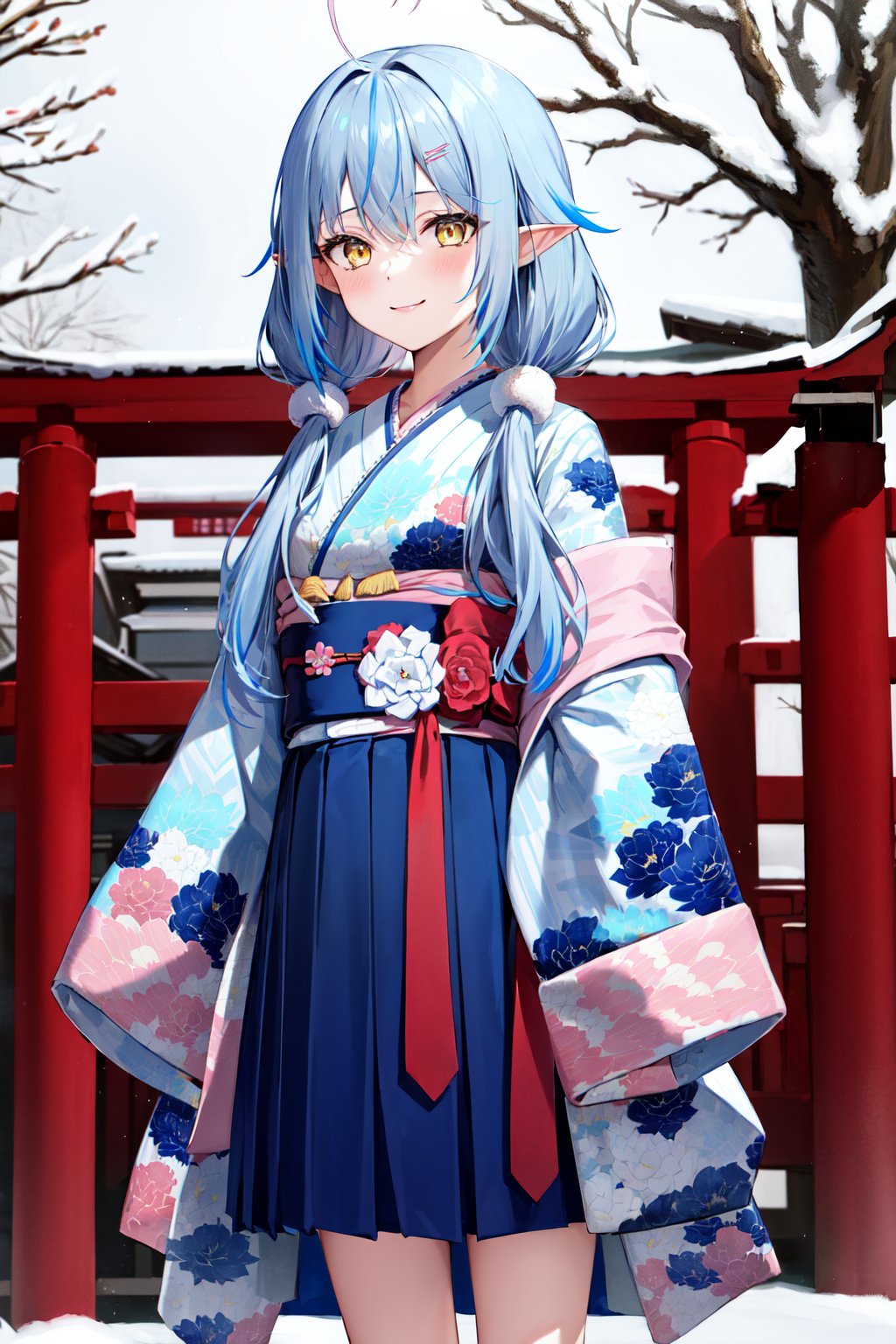 masterpiece, best quality, highres, 1girl, bblamy, low twintails, streaked hair, ahoge, hairclip, japanese clothes, blue kimono, print kimono, blue hakama, floral print, long sleeves, sleeves past wrists, sash, hakama skirt, <lora:yukihana_lamy_v1:0.8>, snow, outdoors, smile, standing, cowboy shot, straight-on,