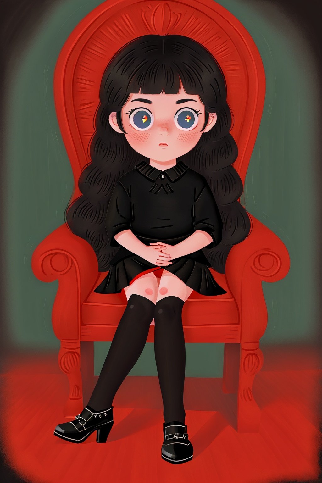 masterpiece, ((best quality)), (ultra-detailed), (illustration), an extremely delicate and beautiful girl, dynamic angle, chromatic aberration, ((colorful)),//,1girls,loli,(petite child:1.1),//,(in Gothic castle),girl with black hair,red eyes,Vertical pupil,long hair,hair arrangement,(Detailed face description),(batwing),(Gothic Lolita),(bat tail),alccandlestick,Cathedral glass,short skirt,black pantyhose,red lace,high heels,rose tattoo,throne,sitting,crossed legs,//, 