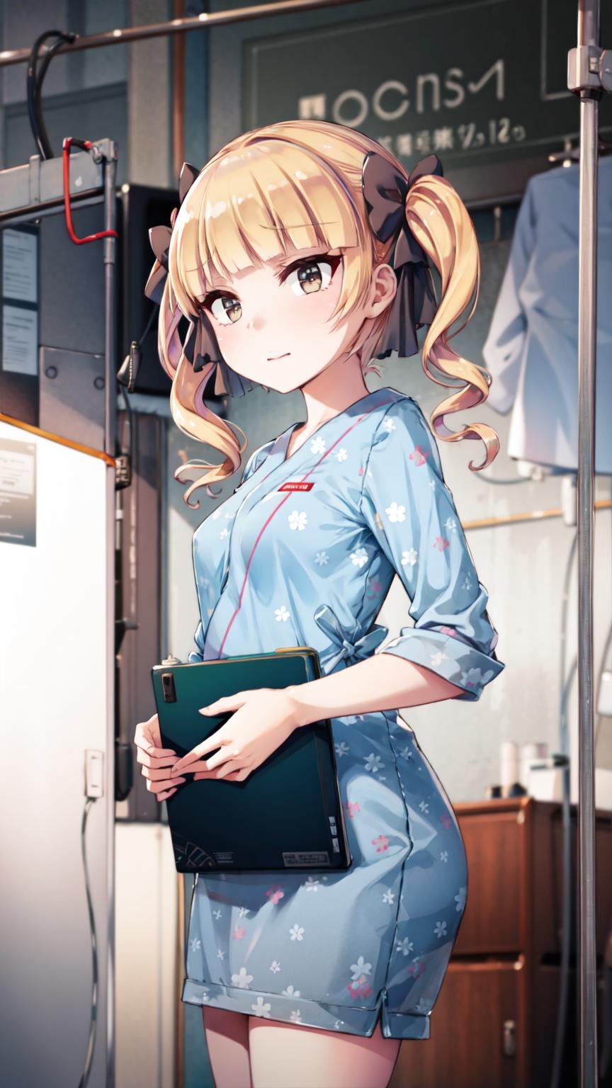 <lora:tsukinomizu_v1:1>, petite, small breasts, blonde hair, twintails,   <lora:HospitalGownAV1:0.8> hospital gown