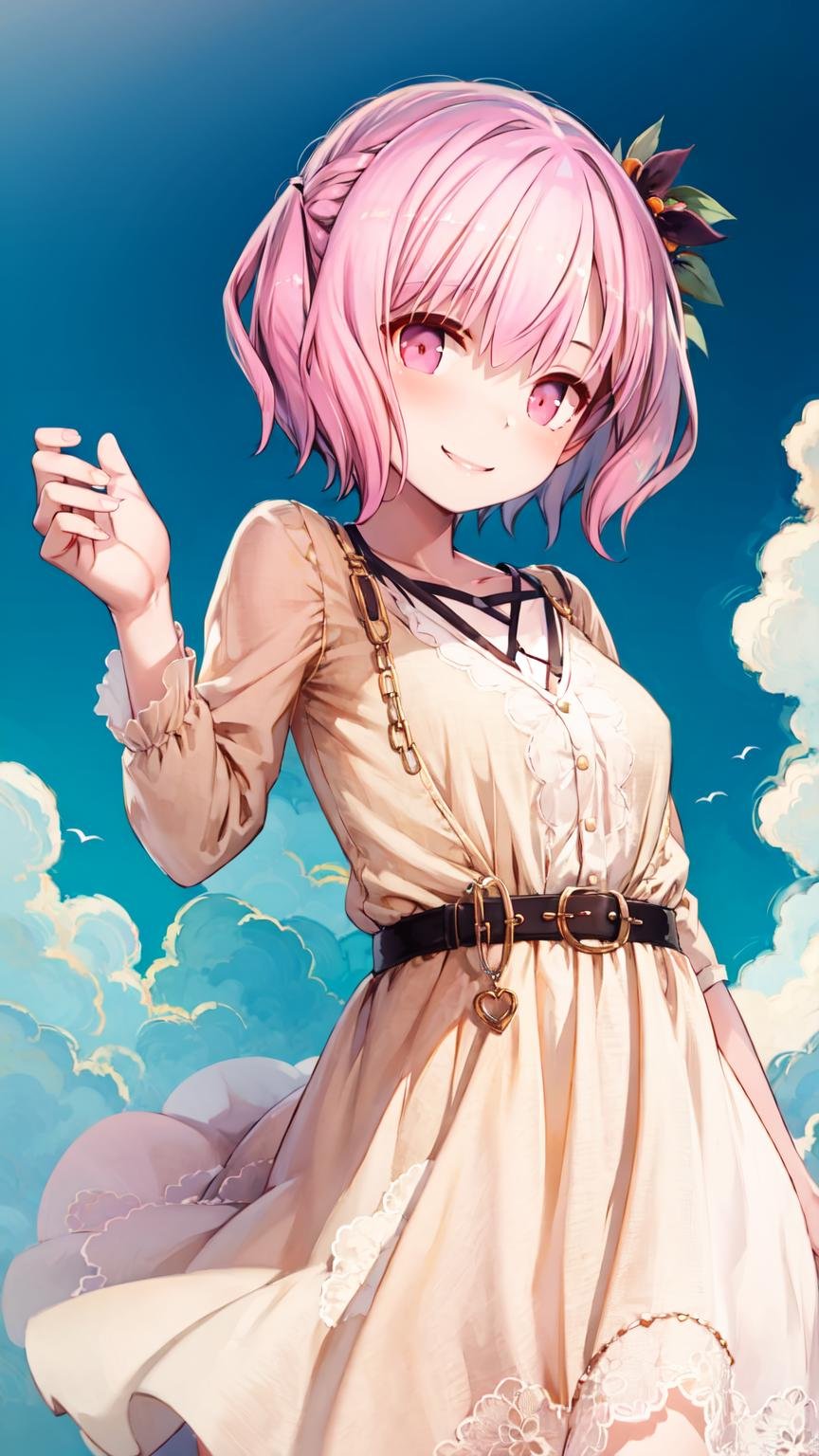 <lora:kurasuke_v1:1>, 1girl, short hair, pink hair, orange eyes, smile,  <lora:linen_dress_v0.3a:0.8> linen dress