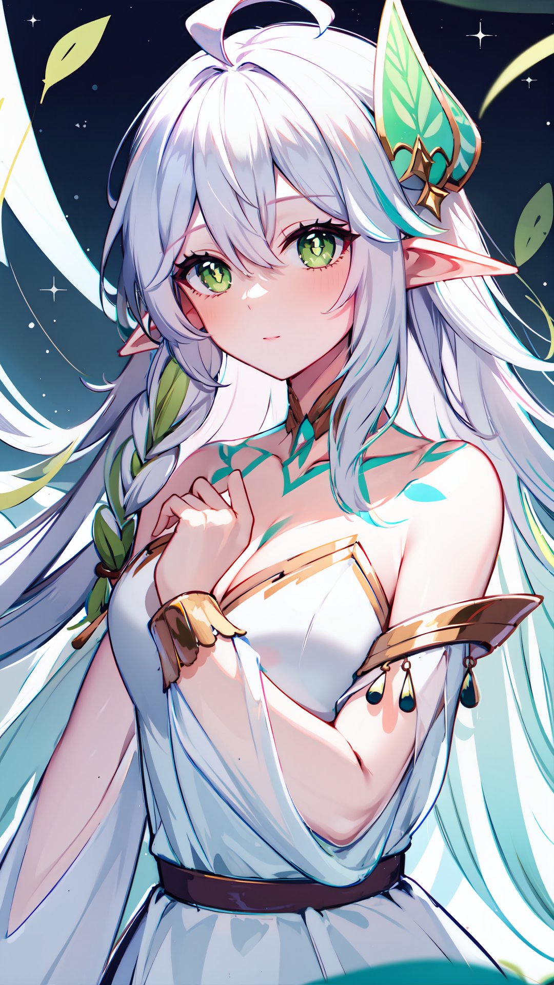 (masterpiece,  best quality),  1girl,  solo,  looking a viewer,  intricate iris,  rukkhadevata,  green eyes,  symbol-shaped pupils,  long hair,  white hair,  multicolored hair,  green hair,  hair between eyes,  ahoge,  braid,  single braid,  hair ornament,  leaf hair ornament,  dress,  white dress,  bare shoulders,  detached sleeves,  cleavage,  jewelry, rukkhadevata,  +-shaped pupils,  green bodypainting,  elf ears,  pointy ears, <lora:EMS-70855-EMS:0.700000>