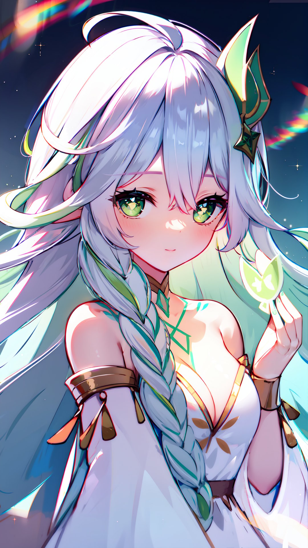 (masterpiece,  best quality),  1girl,  solo,  looking a viewer,  intricate iris,  rukkhadevata,  green eyes,  symbol-shaped pupils,  long hair,  white hair,  multicolored hair,  green hair,  hair between eyes,  ahoge,  braid,  single braid,  hair ornament,  leaf hair ornament,  dress,  white dress,  bare shoulders,  detached sleeves,  cleavage,  jewelry, rukkhadevata,  x-shaped pupils,  green bodypainting, <lora:EMS-70855-EMS:1.000000>