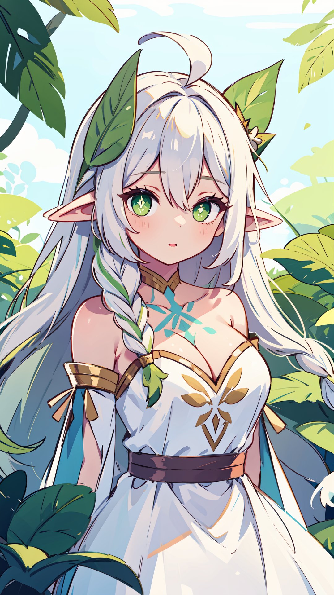 (masterpiece,  best quality),  1girl,  solo,  looking a viewer,  intricate iris,  rukkhadevata,  green eyes,  symbol-shaped pupils,  long hair,  white hair,  multicolored hair,  green hair,  hair between eyes,  ahoge,  braid,  single braid,  hair ornament,  leaf hair ornament,  dress,  white dress,  bare shoulders,  detached sleeves,  cleavage,  jewelry, rukkhadevata,  cross-shaped pupils,  green bodypainting,  elf ears,  pointy ears, <lora:EMS-70855-EMS:0.600000>