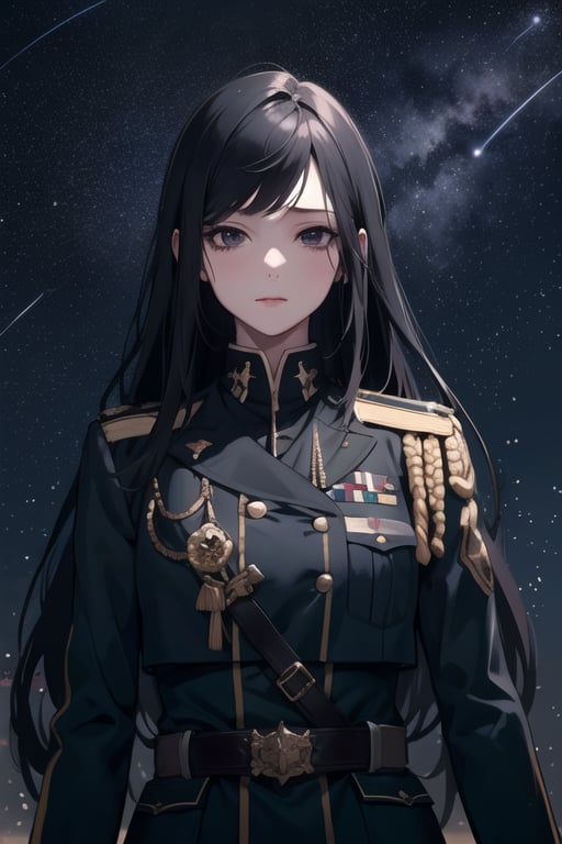 1 Girl, special ability, very long black hair, black eyes, military uniform, patrol reconnaissance mission, night, starry sky, shadow, detailed background