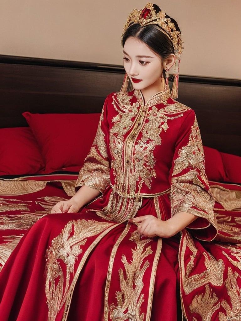  best quality,highly detailed,
a woman in a red and gold clothes, phoenix coronet,(sitting on red bed),blush,shy,black_hair, looking down,  earrings,  indoors, jewelry, long_sleeves, red lips, tassel, Red quilt,(red palace:1.2),