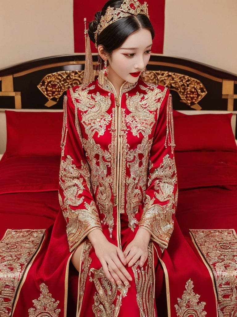  best quality,highly detailed,
a woman in a red and gold clothes, phoenix coronet,(sitting on red bed),blush,shy,black_hair, looking down,  earrings,  indoors, jewelry, long_sleeves, red lips, tassel, Red quilt,(red palace:1.2),