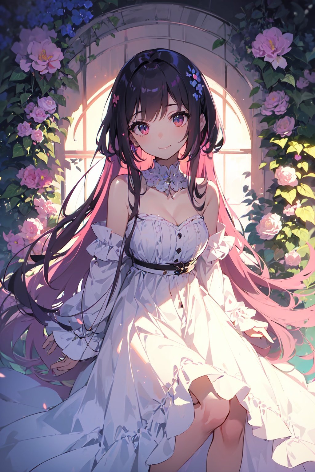 (((masterpiece))),(((best quality))),((ultra-detailed)),(best shadow),((an extremely delicate and beautiful)),1girl,smile,Surrounded by vines,flower,thorns,<lora:月影蔷薇:0.9>,