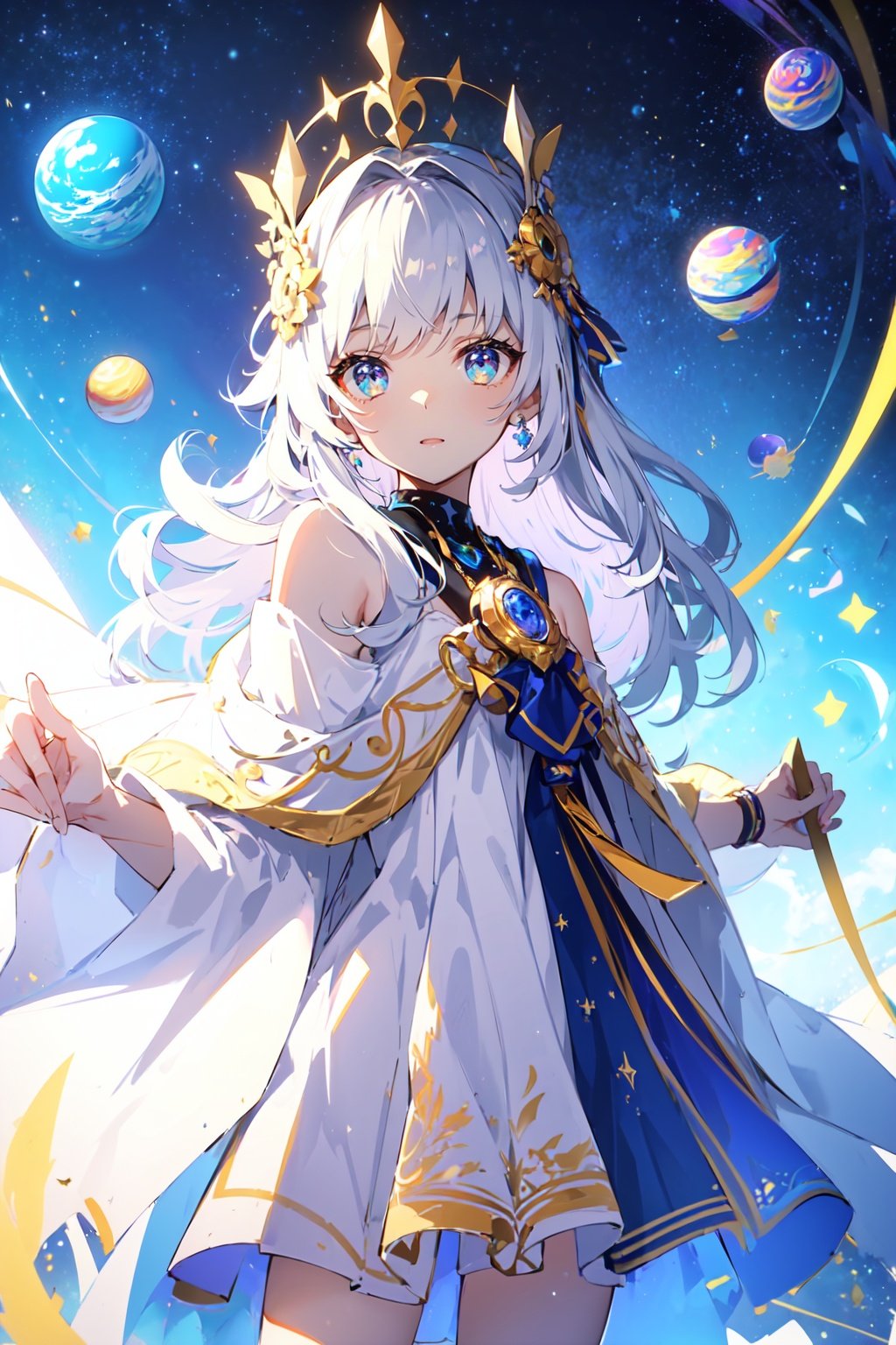 ((best quality)),((masterpiece)),((ultra-detailed)),(illustration),(detailed light),(an extremely delicate and beautiful),((a cute girl:1.2)),((cowboy shot)),standding,Starry sky adorns beautiful detailed dress,Cloak,golden {leaf-shape} headdress around two sides of head,(beautiful eyes),floating silver hair,colored inner hair,(Galaxy),(colorful (planets:1.1)),Negative space,background detailed,<lora:月影蔷薇:1>,