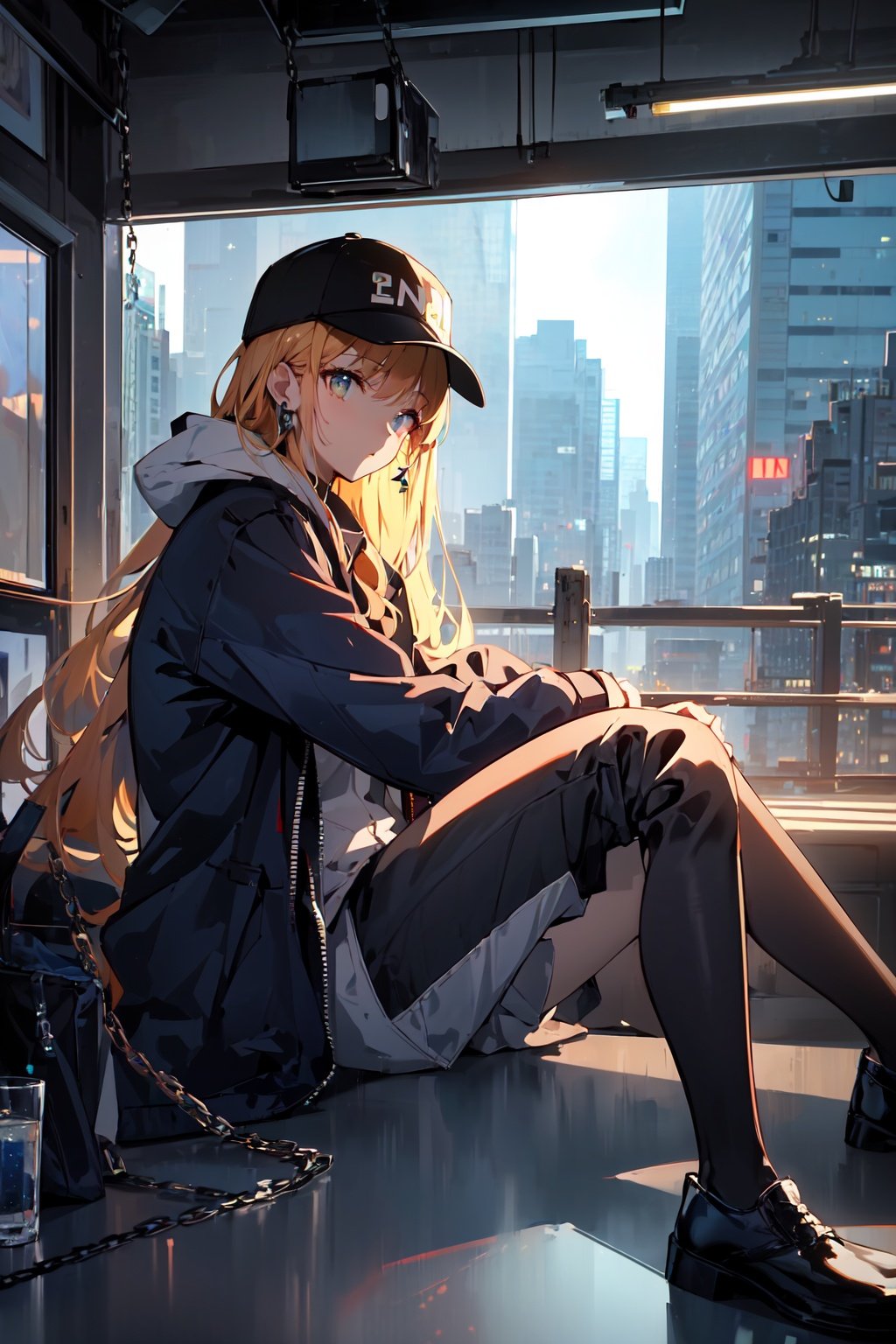 (((masterpiece))),(((best quality))),skyscraper,building,city,cityscape,hat,earrings,baseball_cap,1girl,long_hair,jacket,chain-link_fence,hood,bridge,solo,architecture,shoes,sitting,city_lights,east_asian_architecture,looking_at_viewer,neonpunkai,<lora:月影蔷薇:1>,