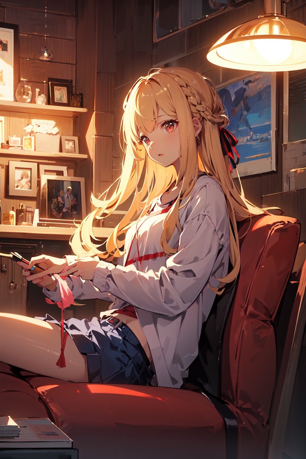 8k,best quality,ultra high res,(masterpiece:1.3),1girl,single braid long hair,half updo side braid,blunt bangs,living room with indoor lights,relaxed atmosphere,<lora:月影蔷薇:1>,