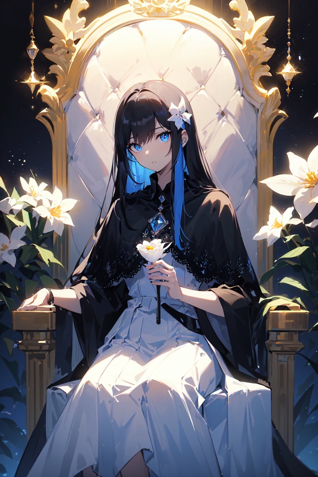 (masterpiece),(best quality),(ultra-detailed),illustration,disheveled hair,Dynamic angle,solo,1girl,game character portrait,(colorful),black hair,(Ink Blue eyes),Luxury clothes,dress,(black capelet:1.2),(Hime cut),sit,looking at view,colored inner hair,(expressionless),long hair,White lace hem long skirt,(straight-on),(throne),(chiaroscuro lighting:1.2),white flower hair ornament,(woman)<lora:月影蔷薇:1>,