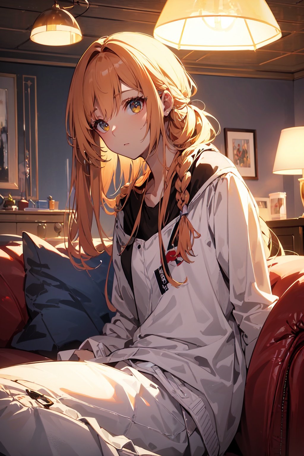 8k,best quality,ultra high res,(masterpiece:1.3),1girl,single braid long hair,half updo side braid,blunt bangs,living room with indoor lights,relaxed atmosphere,<lora:月影蔷薇:1>,