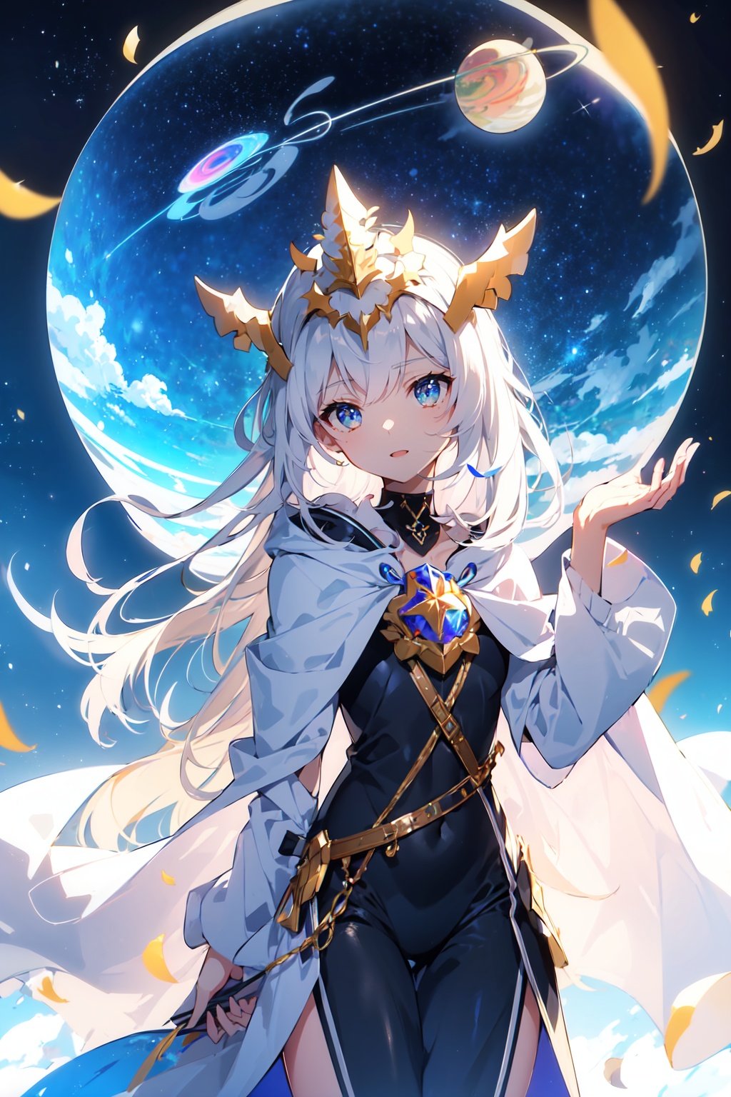 ((best quality)),((masterpiece)),((ultra-detailed)),(illustration),(detailed light),(an extremely delicate and beautiful),((a cute girl:1.2)),((cowboy shot)),standding,Starry sky adorns beautiful detailed dress,Cloak,golden {leaf-shape} headdress around two sides of head,(beautiful eyes),floating silver hair,colored inner hair,(Galaxy),(colorful (planets:1.1)),Negative space,background detailed,<lora:月影蔷薇:1>,