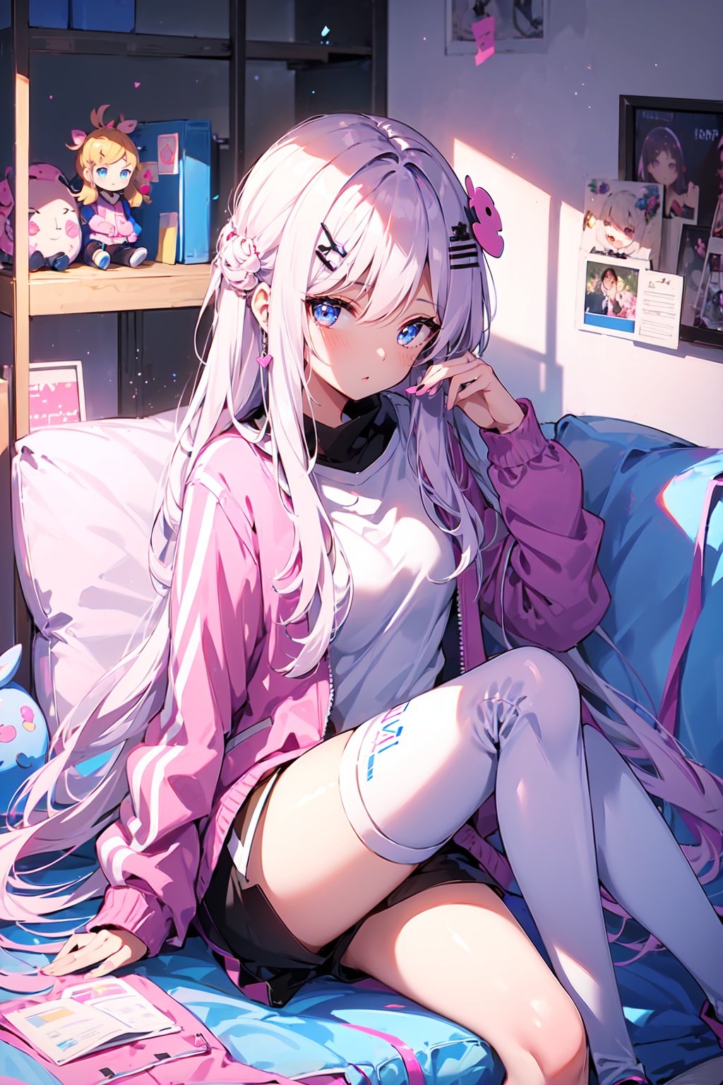 1girl, solo, hair ornament, cube hair ornament, blue eyes, pink long hair, pink track jacket, bangs, hair between eyes, fumo, doll, sitting<lora:月影蔷薇:1>,