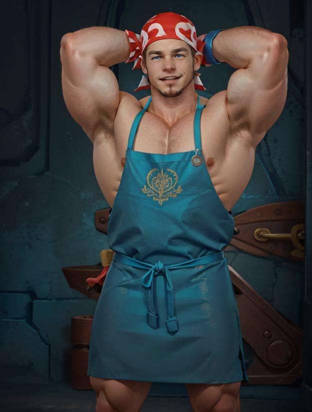 Billy_Gyee, solo, smile, short hair, open mouth, brown hair, gloves, 1boy, male focus, armpits, apron bib, muscular, facial hair, pectorals, muscular male, armband, bara, large pectorals, arm behind head, sideburns, mature male, bandana, goatee, pectoral cleavage, sidepec <lora:Billy_Gyee:1>, blue eyes, completely nude, naked