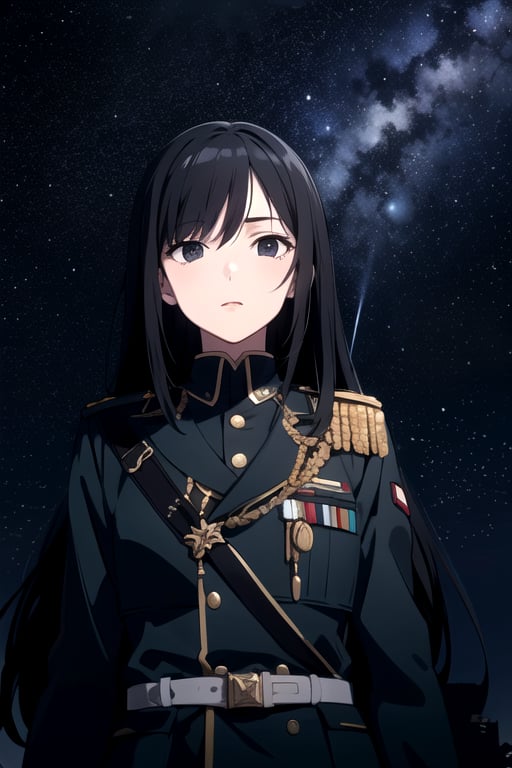 1 Girl, special ability, very long black hair, black eyes, military uniform, patrol reconnaissance mission, night, starry sky, shadow, detailed background