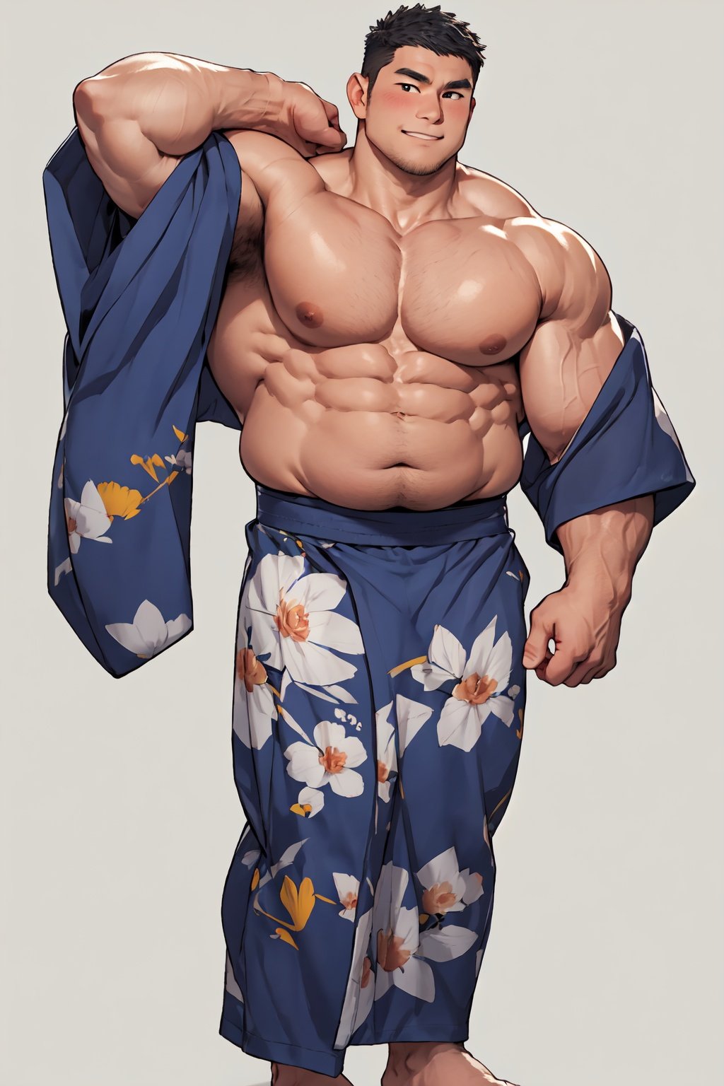  Masterpiece, anime,8k,best quality, minimalist, simple graphics, looking at viewer,A japanese man, cute man, round face, youth,(fat:1.2),300 pounds fat, short-hair ,topless,（open clothes),full body, gay, sexy, blushing, ,fairy tale style, Bathhouse background ,Muscular Male,THICK, ARMS,Bara,Thick arms,thick thighs,niji5, M-YUKATA